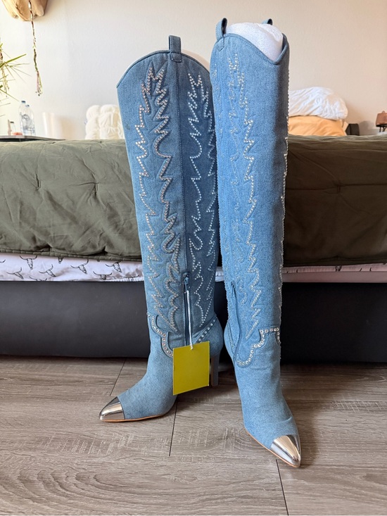 Gianni Bini Shoes - Gianni Bini Rhinestone Embellished Western Denim Boots